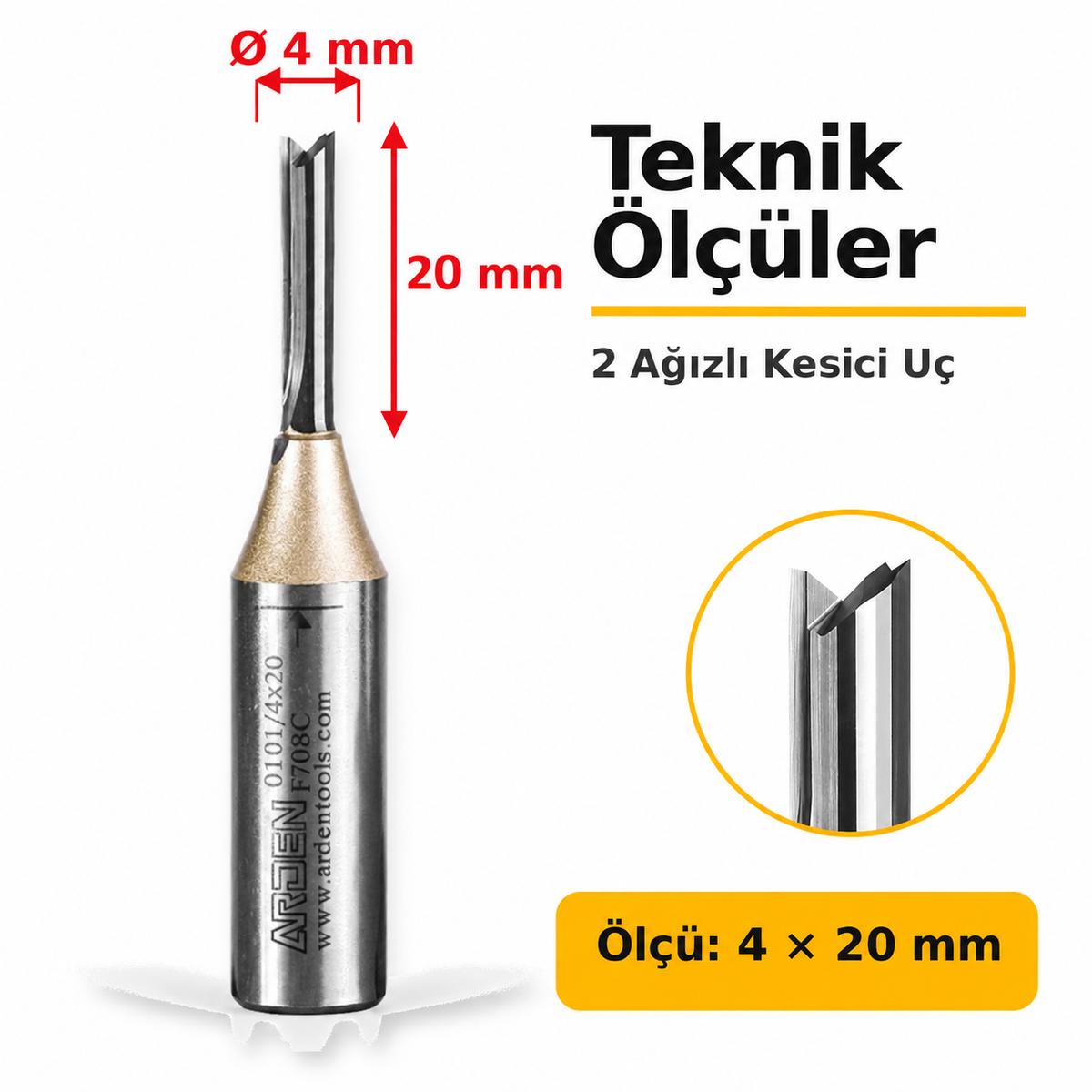 ARDEN 4x20 mm düz freze teknik ölçüleri