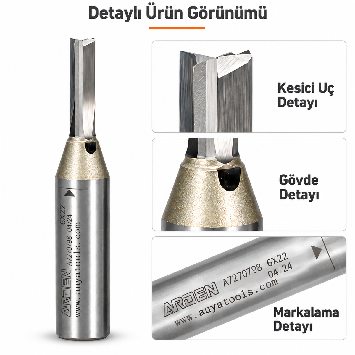 ARDEN 6x22 mm 3 ağızlı kesici uç ve gövde detayları